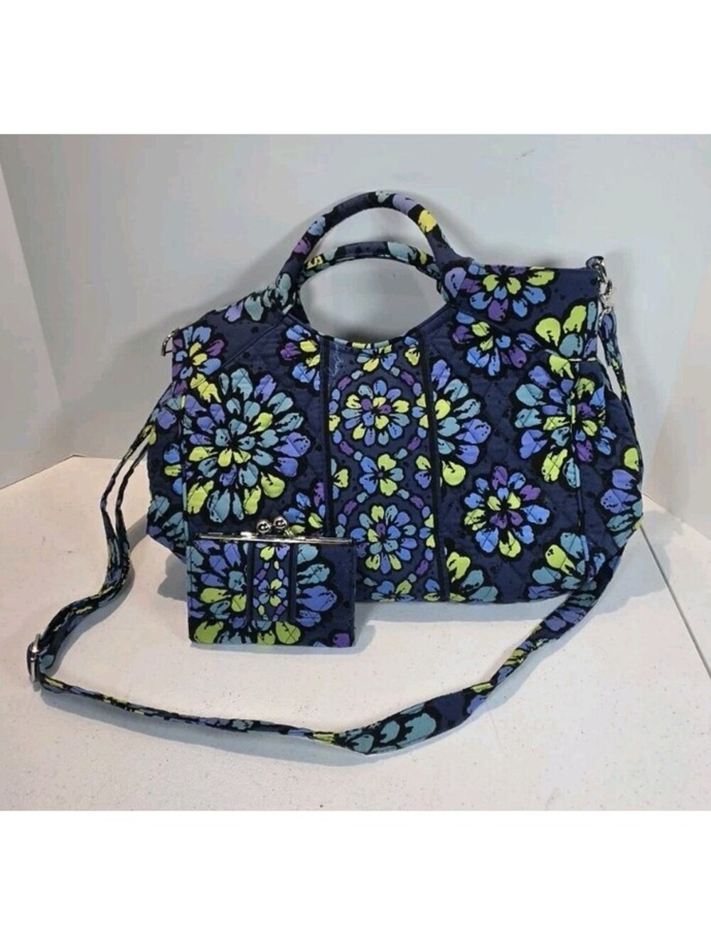 Vera Bradley Indigo Pop Shoulder Crossbody Bag + Kisslock Wallet Retired